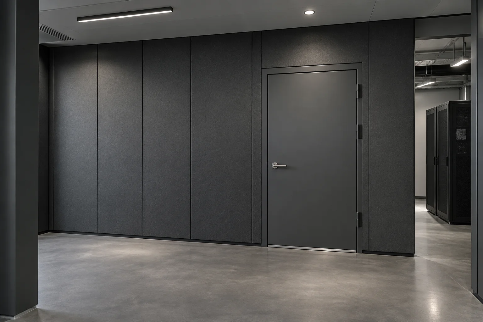 AI-generated spatial illustration of equipment-room acoustic walls and door, not a project photograph